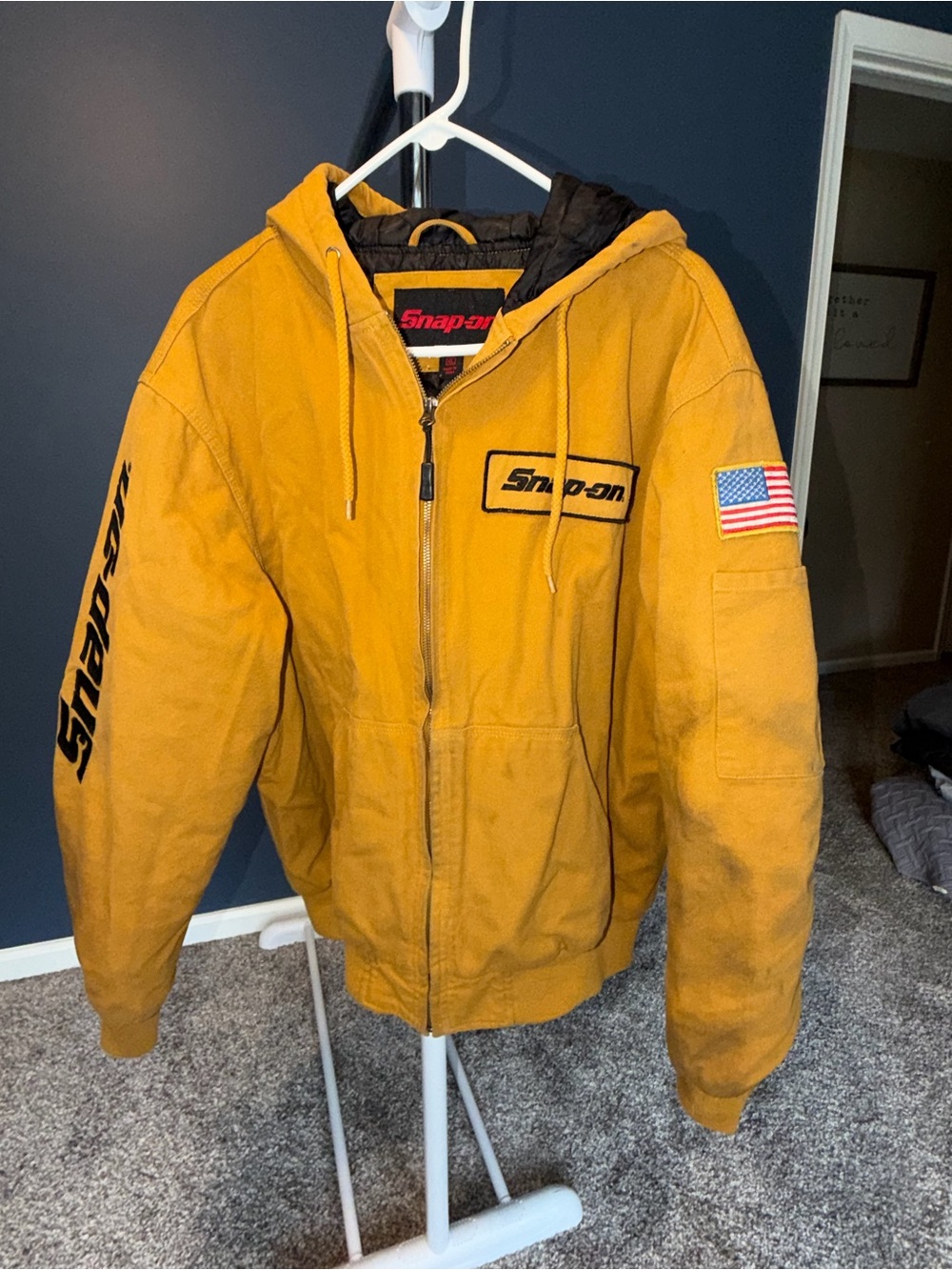 Snap Hooded Work Jacket in Yellow with Black Lining